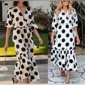 H&M White & Black Polka Dot Spot Tiered Faux Wrap Midi Dress (xs)